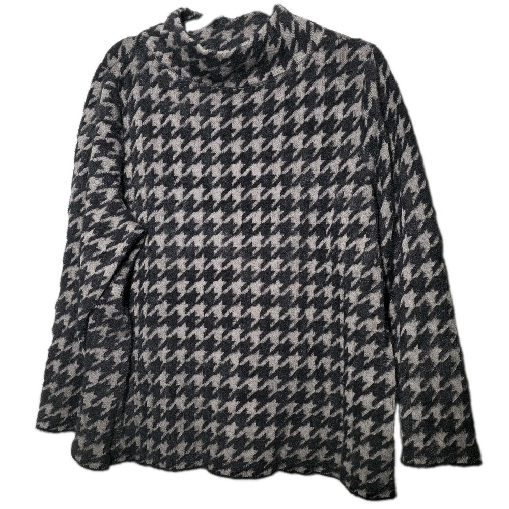 J. Jill Pullover Knit Sweater Women Sz XL P Black Gray Houndstooth Mock Neck